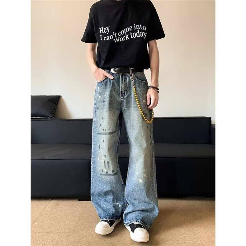 做旧泼墨阔腿牛仔裤宽松直筒拖地长裤女男装牛仔裤潮NZK6084-p55,男装牛仔裤,星座302B-2