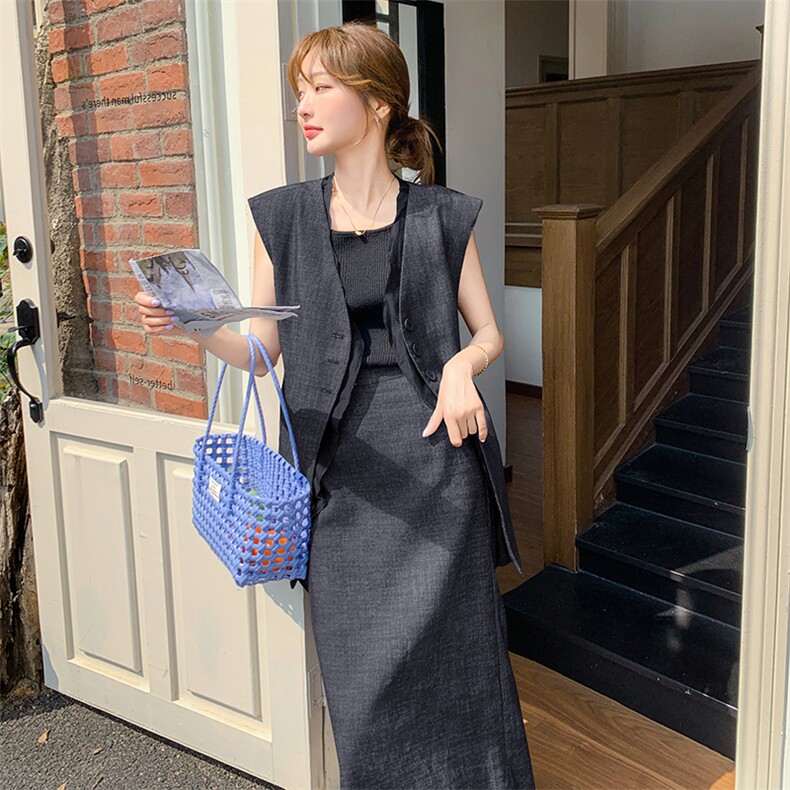 老钱风西装马甲套装裙女夏季新款高级感轻熟气质显瘦半身裙两件套,女装套装/套裙,2C255