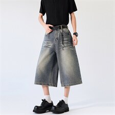 美式复古阔腿七分牛仔裤男女夏季宽松休闲直筒中裤K7008P50，男装牛仔裤，电商D325