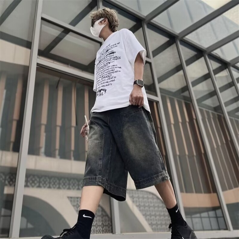 美式复古七分牛仔短裤男夏季潮牌阔腿工装裤宽松直筒裤D2266-p45图片