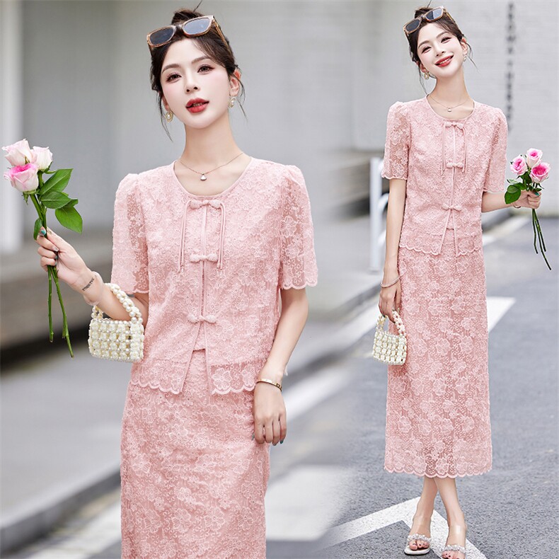 新中式蕾丝半身裙套装女2024夏季高级感盘扣小香风短袖上衣两件套，女装套装/套裙，奕薇雅