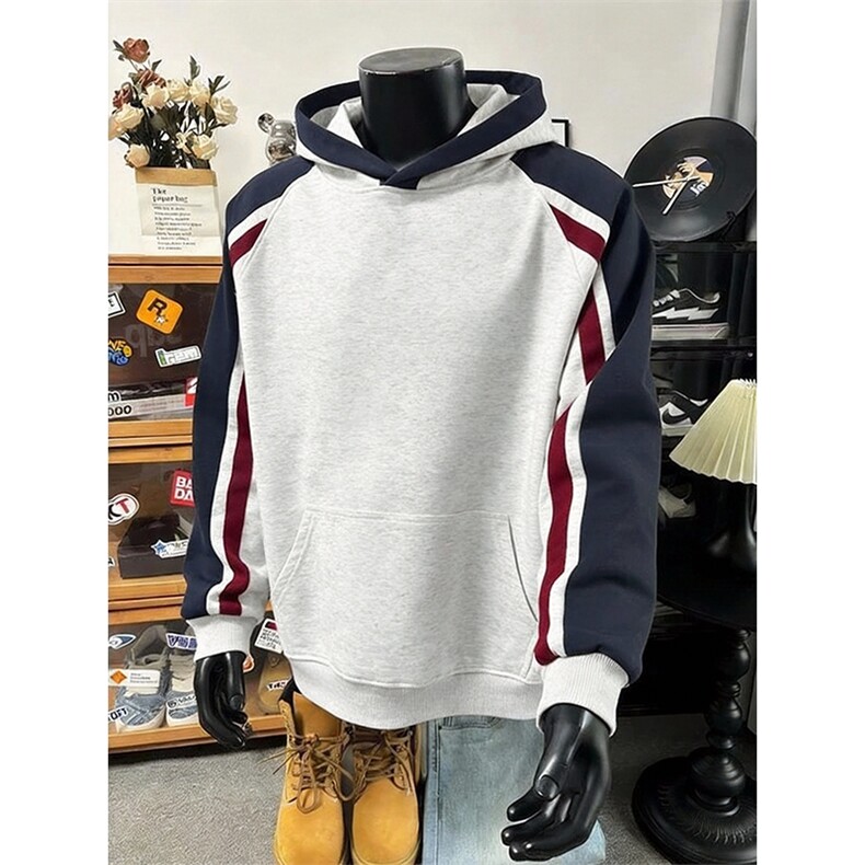 抖音得物高品质26春装新款男女美式高街结构拼接撞色连帽卫衣CM32,男装卫衣,电商A486