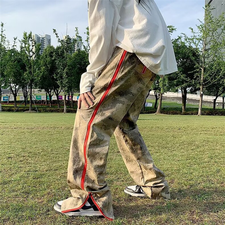 美式高街复古嘻哈拉链迷彩长裤ins潮牌hiphop直筒CK76P45图片