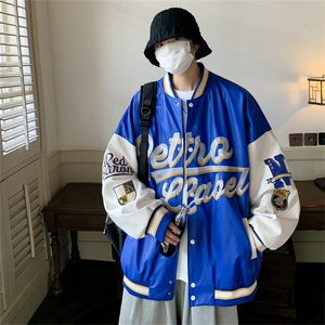 特批72控128 秋款pu皮拼色男士棒球领刺绣外套机动皮夹克潮PJ222图片