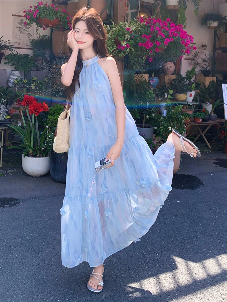 现货新款现货主推法式度假风挂脖连衣裙22161-P145-K219,女装连衣裙,网红馆