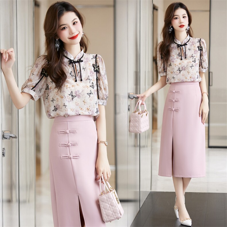 新中式旗袍套装女夏新款雪纺碎花连衣裙洋气减龄半身裙两件套裙子，女装套装/套裙，时尚俏佳人