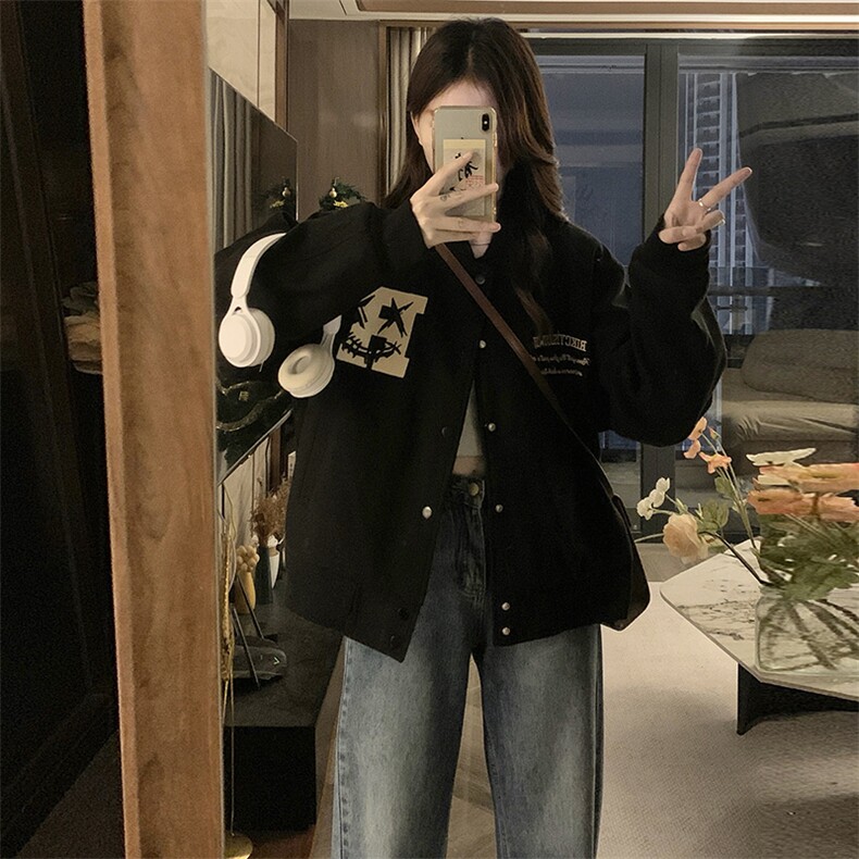 字母刺绣重磅复古棒球服女春秋情侣夹克宽松休闲学生外套 C654-95图片