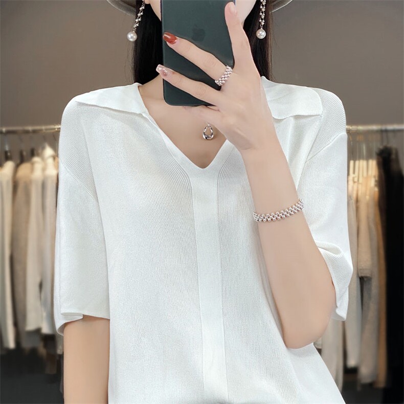 冰丝Polo领针织衫短袖女薄款打底衫夏季新款宽松半袖纯色t恤上衣,针织衫/毛衣,萱芳婷羊绒