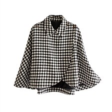 2024秋冬季收腰显瘦格子千鸟格毛呢斗篷宽松舒适版型时尚风衣，女装毛呢外套，雅静靓衣