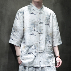 2025春季新款风男装盘扣新中式唐装书法印花衬衫C112-P50，男装衬衫，电商B277(原6028)