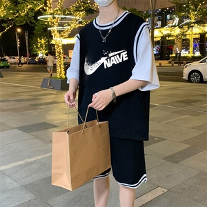 夏季短袖T恤套装青少年纯棉篮球服男潮流两件套男装TZ391P60控89图片