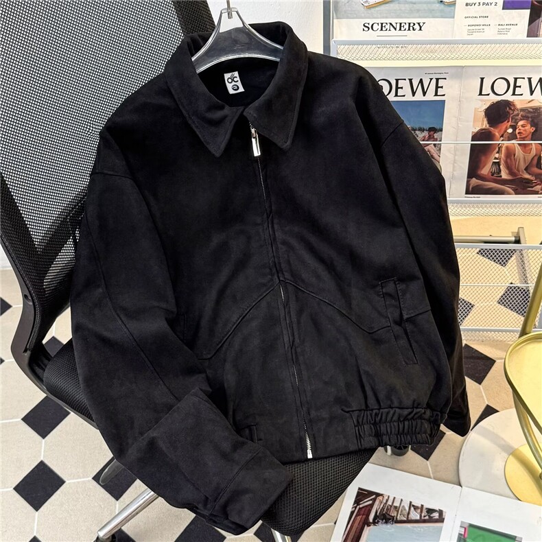 机车皮衣夹克男字母刺绣条纹格撞色痞帅宽松翻领外套JK0067P80,男装皮衣,星座1013-1