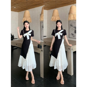 独特绝美撞色拼接黑色连衣裙女夏季新款高级小众设计感不撞款裙子图片
