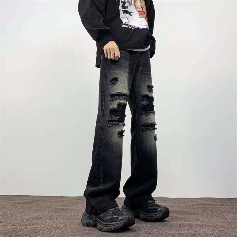 美式高街黄泥破洞牛仔裤男款直筒显瘦微喇乞丐裤子潮,男装牛仔裤,星座410-7