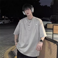 网图新款拼接设计感麂皮绒T恤重磅男女夏季潮流高街短袖，男装T恤，星座410-7