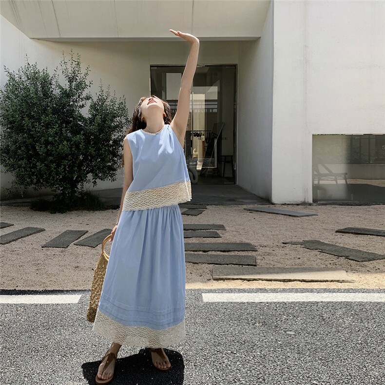 法式气质减龄蕾丝拼接背心半身裙套装2025新款夏季超仙宽松两件套,女装套装/套裙,2C236