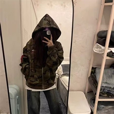 美式复古水洗迷彩刺绣连帽卫衣外套男秋冬季宽松休闲加绒帽衫夹克，男装夹克，星座506A