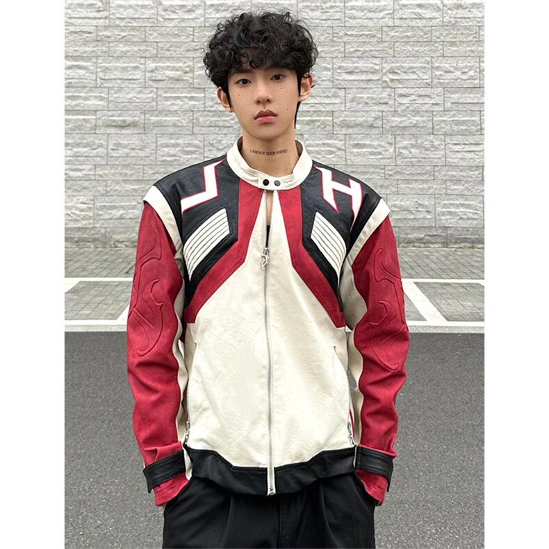 欧美hiphop拼接皮衣外套高级感痞帅炸街机车服夹克JK106特P83,男装夹克,星座908-1