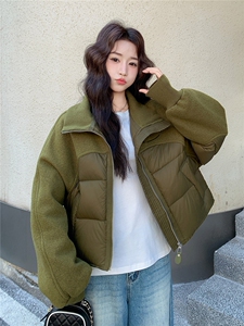 短款立领毛呢拼接羽绒服女2025冬季新款小个子白鸭绒面包服外套潮图片