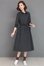 【全年有货，不下架】秋冬加厚连衣裙女长袖条纹棉麻裙中长款，女装连衣裙，3200格调