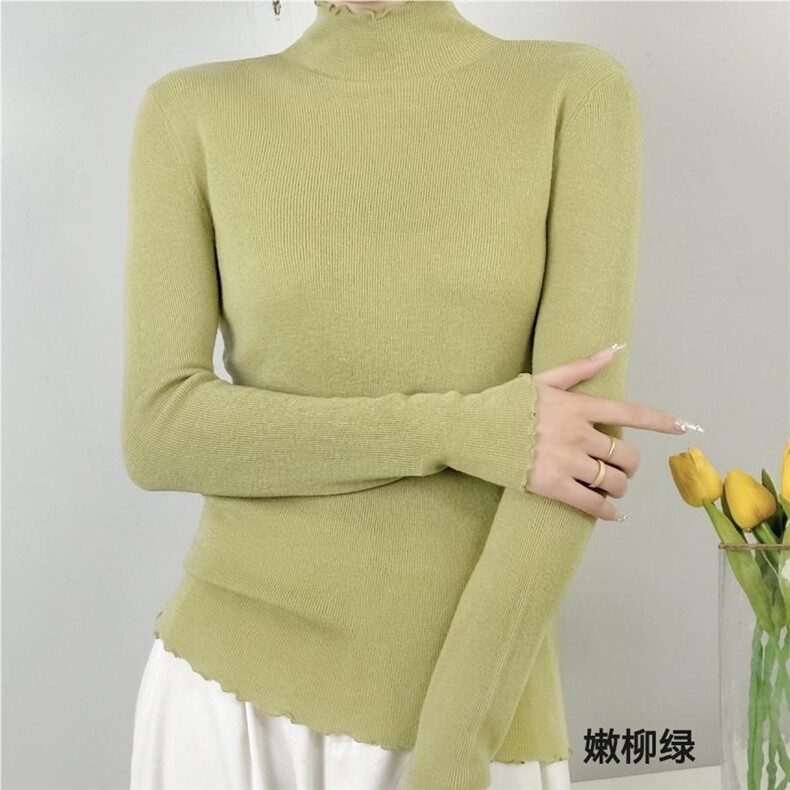 秋冬季羊毛休闲简约时尚百搭木耳边领打底衫羊毛衫,女装羊毛衫,纳驰羊绒