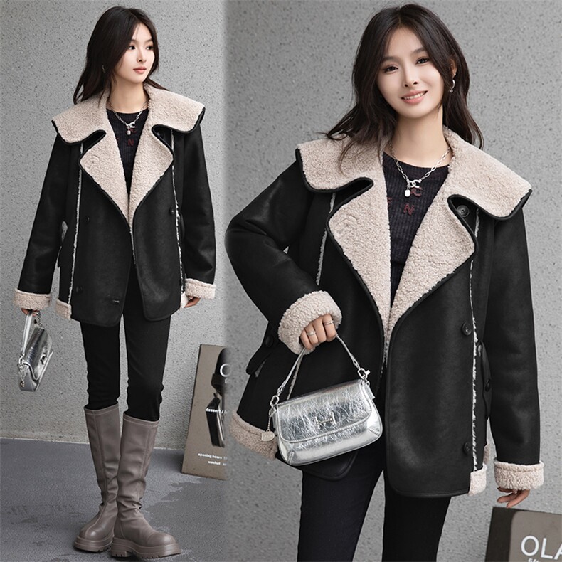 2024冬季新款仿羊羔毛大衣时尚年轻皮毛一体外套女中长款韩版大衣，女装羊羔毛/颗粒绒，江南女神