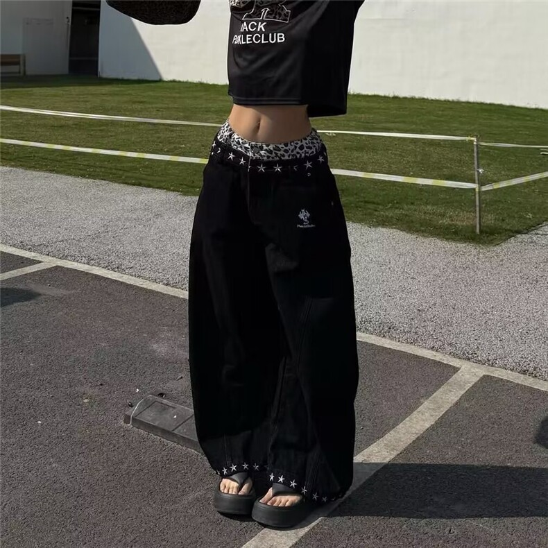 高腰棋盘格牛仔裤女春秋复古大码胖妹妹显瘦梨型身材微喇叭阔腿裤,男装牛仔裤,四季星座505