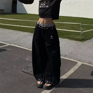 高腰棋盘格牛仔裤女春秋复古大码胖妹妹显瘦梨型身材微喇叭阔腿裤,模拟自己身材的穿搭软件图片