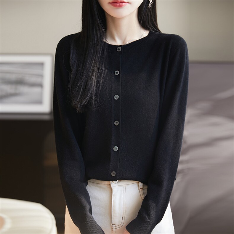 法式设计感抽绳针织开衫女短外套2025春秋新款精纺薄毛衣外搭小衫，女装羊毛衫，朝思羊绒