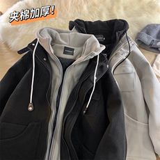 EQ158冬季加厚棉衣外套男女宽松呢料外套假两件呢大衣冬装P148，男装棉衣，电商C306-1
