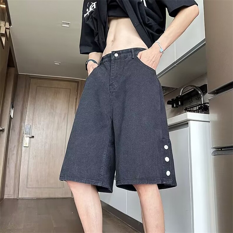排扣开衩重磅牛仔短裤男夏季美式高街做旧复古五分裤D906P38,男装牛仔裤,星座1116-2