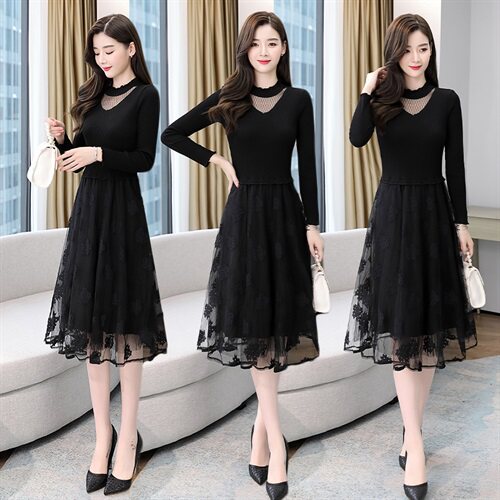 2022春秋季时尚百搭新款连衣裙蕾丝网纱优雅女人中长款女，女装连衣裙，然然