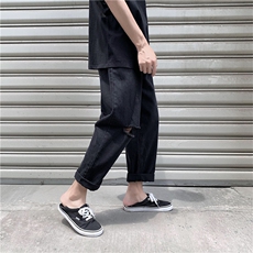 夏季港风纯色百搭破洞牛仔裤潮男阔脚裤九分裤KB2034，男装牛仔裤，星座1008