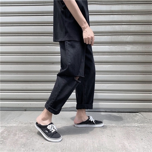  夏季港风纯色百搭破洞牛仔裤 潮男阔脚裤九分裤KB2034图片