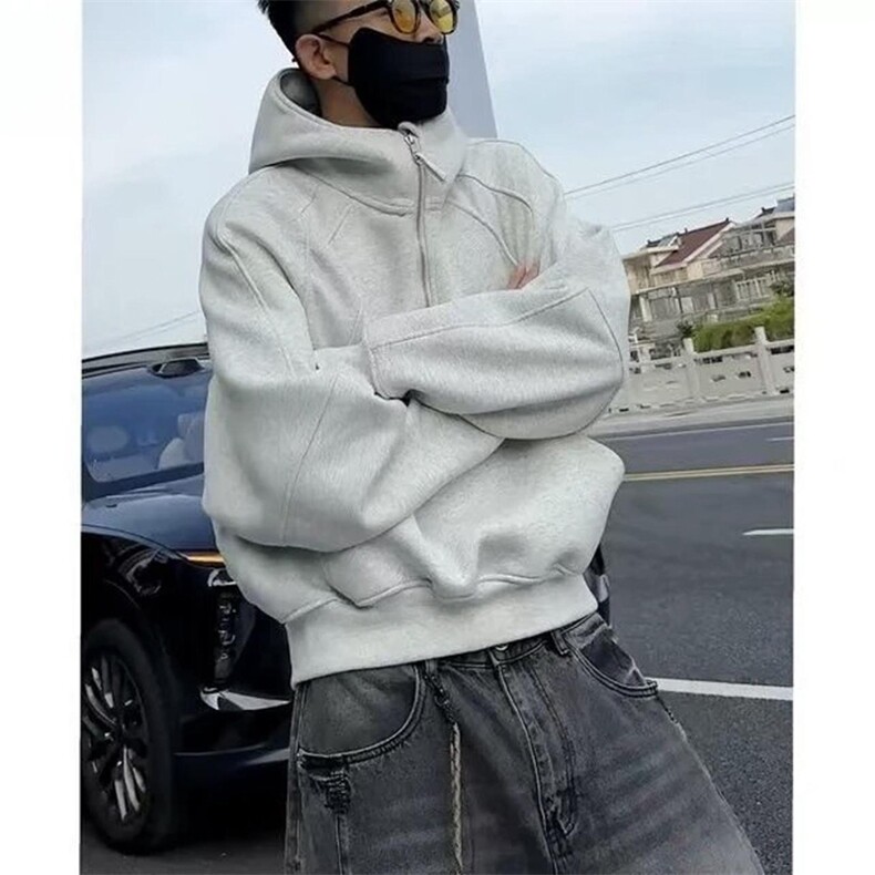 抖音得物高品质二开 26春装重磅宽松结构拉链设计高领连帽卫衣W76图片