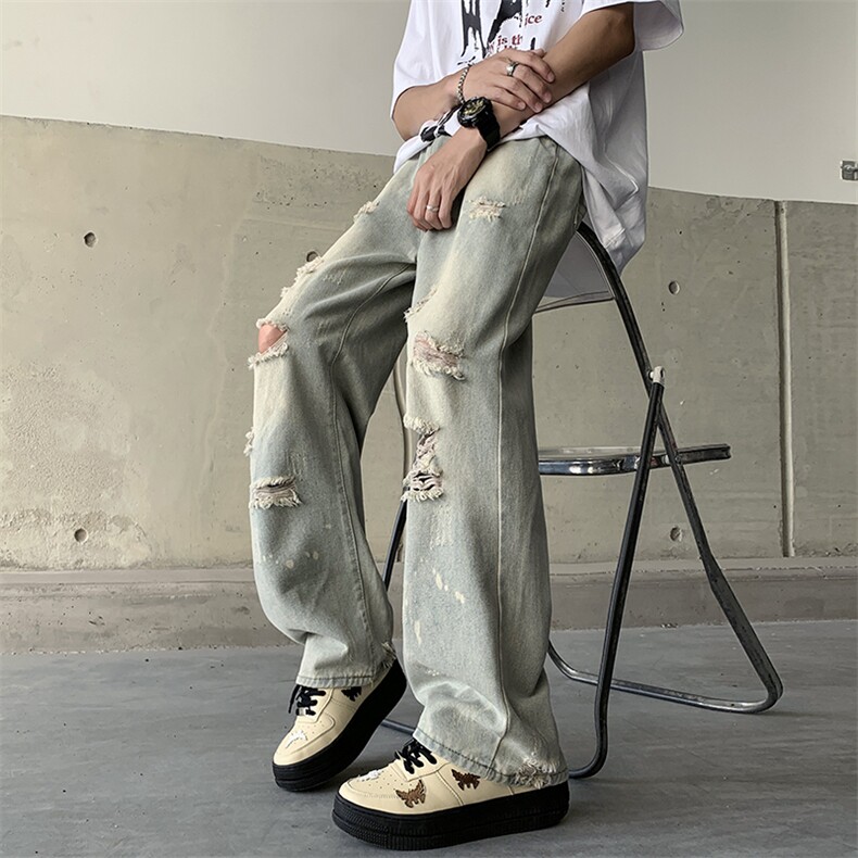 牛仔裤男夏季薄款美式高街vibe风破洞宽松休闲长裤子N0764-P43,男装牛仔裤,星座308B-2