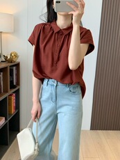 2025设计感小翻领排扣轻薄透气宽松小飞袖短袖衬衫，女装T恤，湘姗