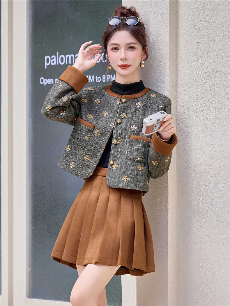 现货2025年新款小香风粗花呢套裙秋冬淑女短外套麂皮绒百折裙短裙,女装套装/套裙,兰菲阁