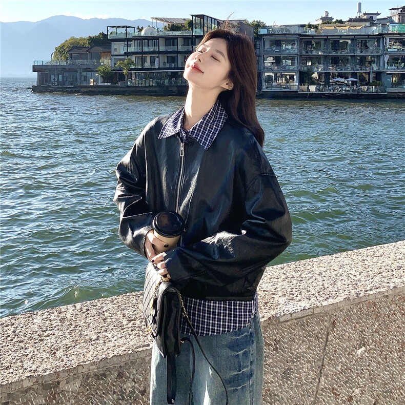 设计感假两件格纹拼接皮衣短外套女2026春季新款宽松休闲显瘦夹克,女装皮衣,艾米莉亚