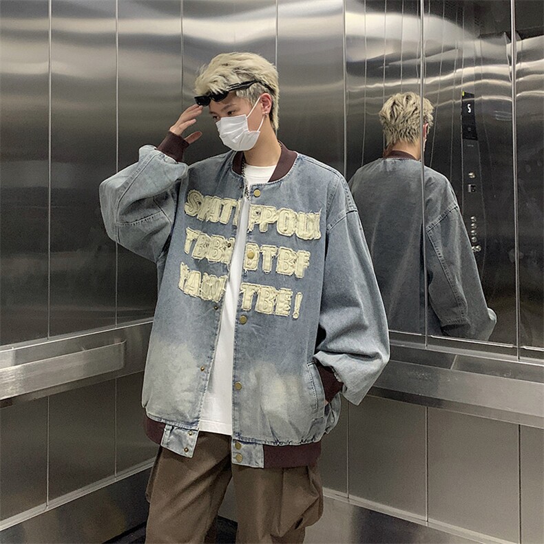 潮牌复古字母贴布棒球服牛仔外套春秋季新款休闲时尚夹克外套图片