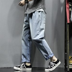 2021春秋季日系潮流大码男美式直筒毛边纯色九分裤牛仔裤K297-P50图片
