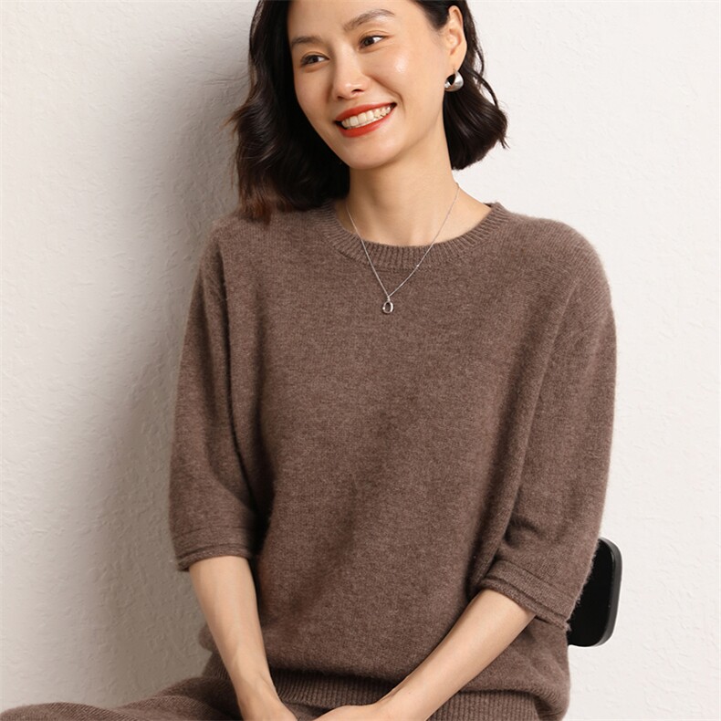 圆领羊绒衫女纯山羊绒五分袖加厚宽松毛衣针织慵懒打底衫图片
