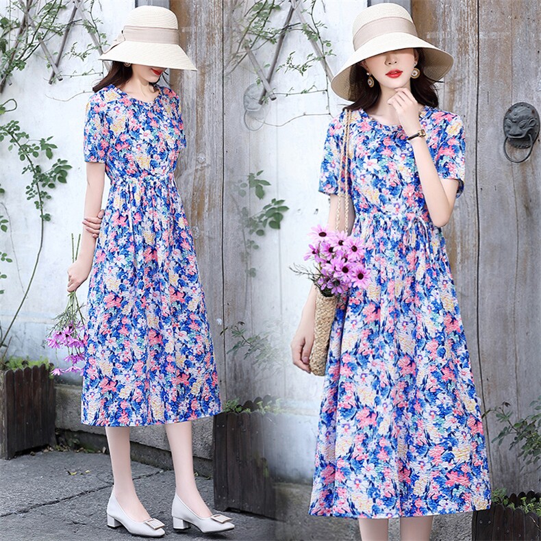 2021年夏季欣贝拉新款印花小碎花中长款棉麻连衣裙，女装连衣裙，欣贝拉