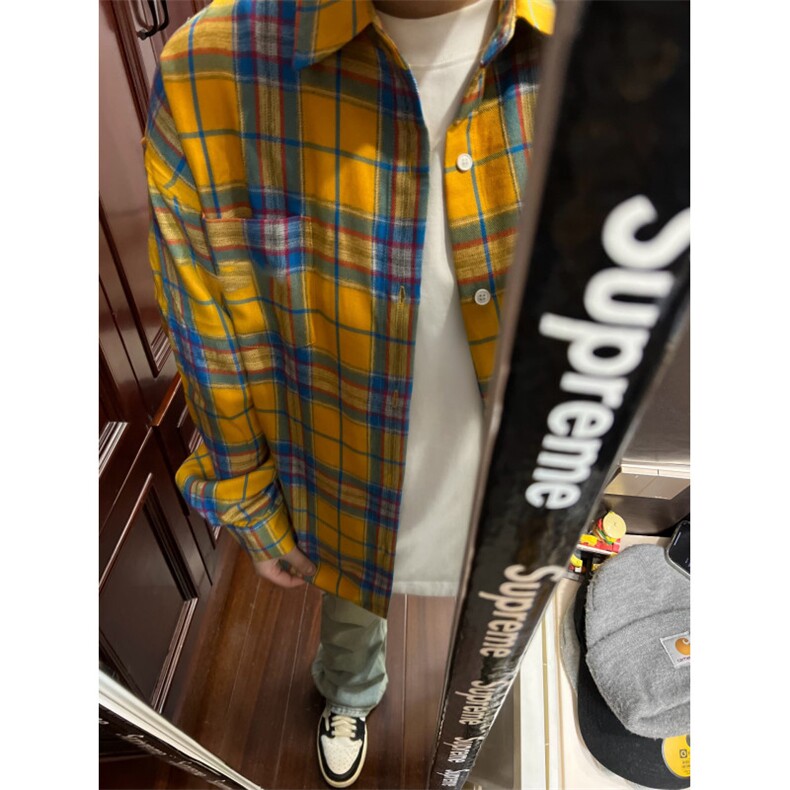 【有货】C626LL-特P38cleanfit黄色格子衬衫男女美式复古长袖衬衣,男装衬衫,星座1007（原301D）