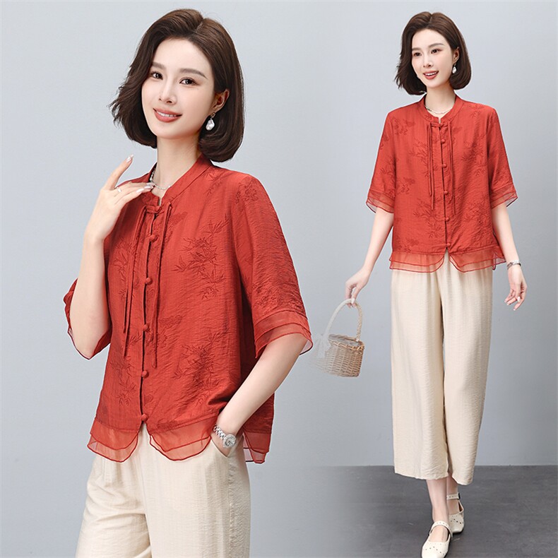 新款天丝刺绣上衣女夏季宽松显瘦短袖衬衫+阔腿裤两件套套装，女装套装/套裙，凝聚力