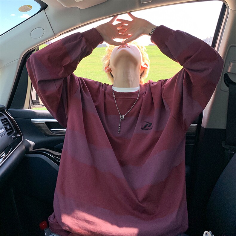 特批P38无差价秋季高街刺绣条纹长袖T恤男士设计感扎染卫衣T1718,男装T恤,电商A001-1