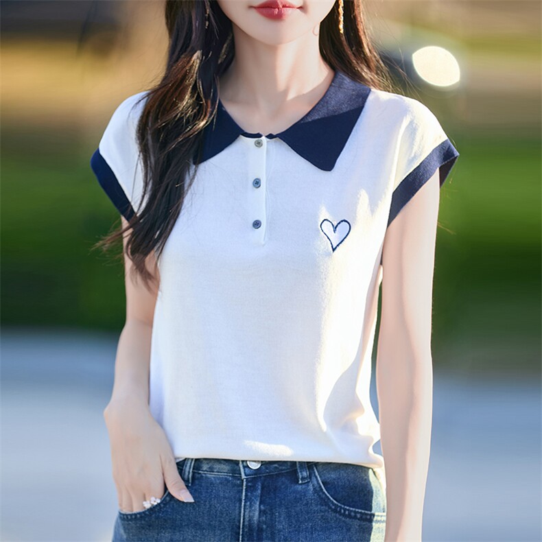 2025夏季翻领冰丝短袖T恤女时尚刺绣拼色薄款POLO领飞袖百搭上衣,女装T恤,思牵羊绒