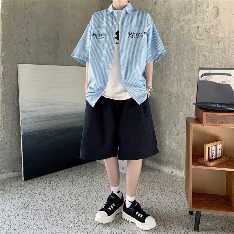 条纹短袖衬衫男夏季潮牌高级感痞帅衬衣外套宽松大码五分袖上衣服,男装衬衫,星座1013