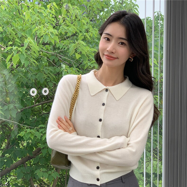 2025秋冬百搭时尚polo纽扣开衫长袖针织衫,女装羊绒衫,玛卡隆羊绒