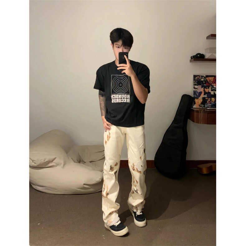 【有货】火焰蕾丝微喇白色牛仔裤男美式高街vibe裤子B07WW-特P50,男装牛仔裤,星座1007（原301D）